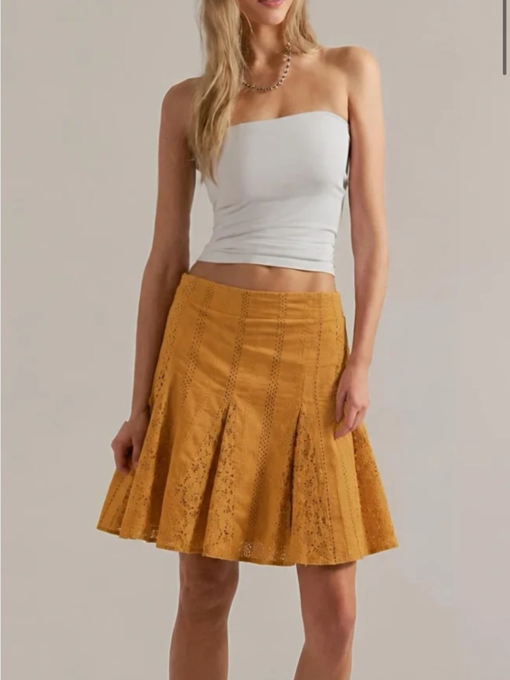 Free People Melody Midi  Mustard Lace-Panel  Skirt